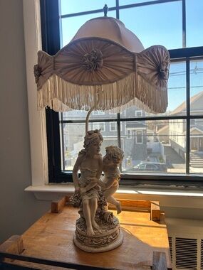 Vintage Style Cherub Table Lamp with Fringe Shade - Cream